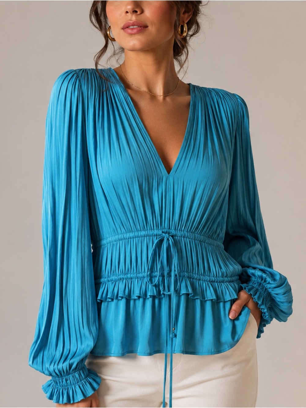 Elie Tahari Whisper Gathered Aqua (Sublime) Satin Blouse Women’s Size S NWT